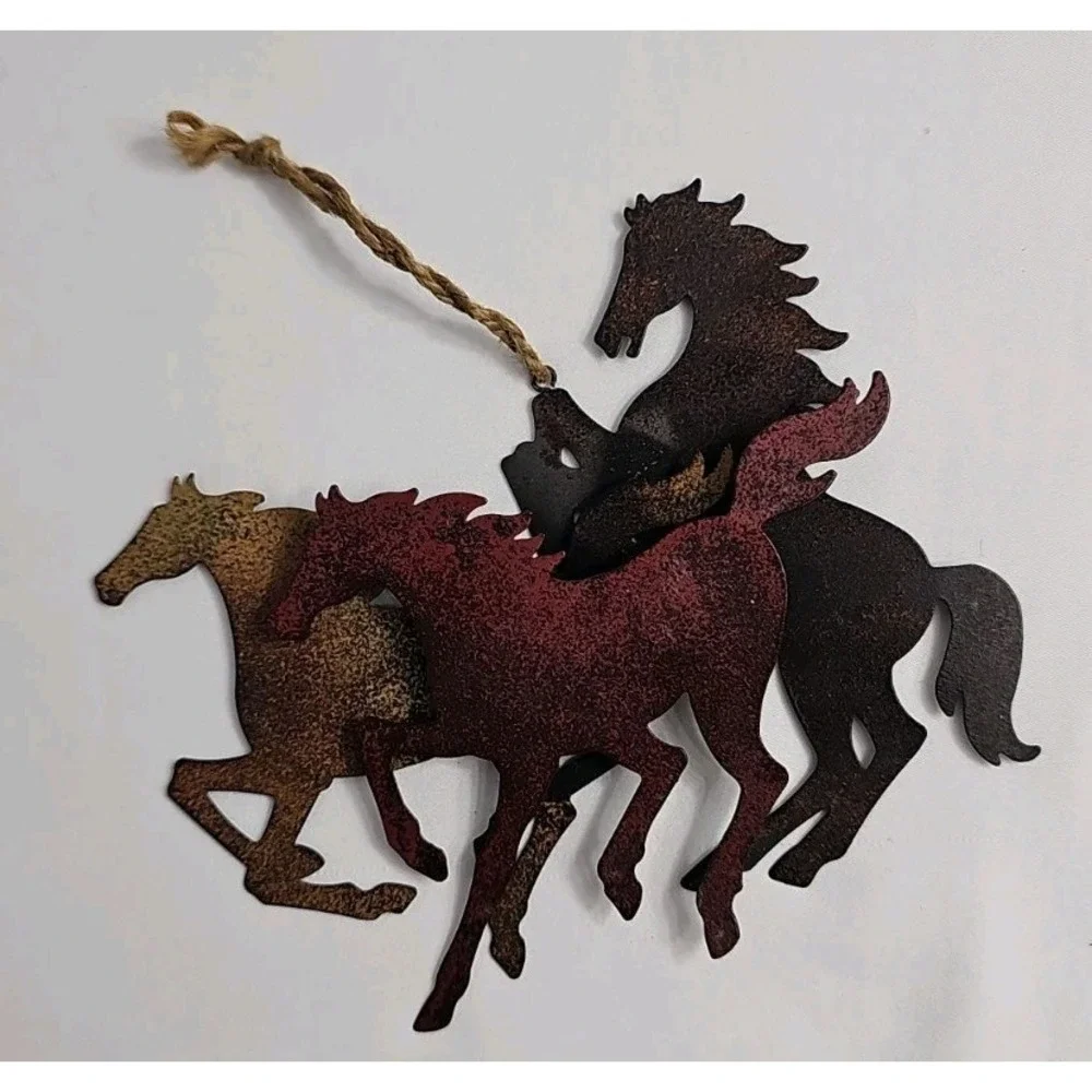 VTG Run/Rearing Wild Horses Cut Metal 3D Hanging Decor Rustic Tones Western 7x7